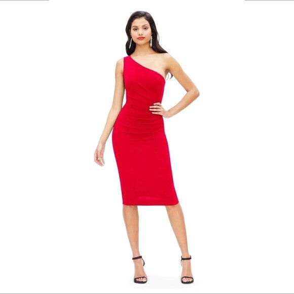 Dress the Population Martine one shoulder midi dress rouge red ruched new XL - Picture 1 of 5